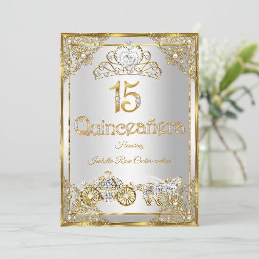 15e Parel Goud Wit Quinceanera tiara koets Kaart (Staand voorkant)