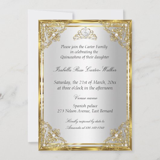 15e Parel Goud Wit Quinceanera tiara koets Kaart (Achterkant)