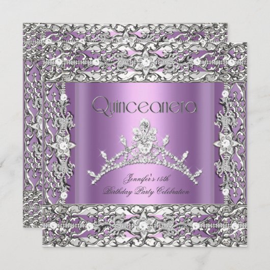15e Quinceanera Birthday Party Lila Tiara Kaart (Voorkant / Achterkant)
