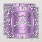 15e Quinceanera Birthday Party Silver Lila Tiara Kaart (Voorkant / Achterkant)