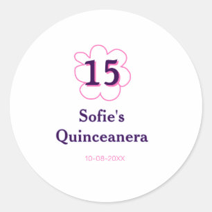 15e Quinceanera Happy Birthday Roze paarse datum Ronde Sticker