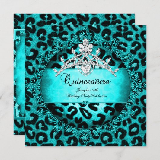 15e Quinceanera Leopard blauwgroen blauw Tiara Kaart (Voorkant / Achterkant)