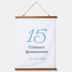 15e quinceanera verjaardag blauw zwart vet letter  hangend wandkleed
