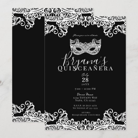 15e Quinceañera, zwart-wit, Masquerade Kaart (Voorkant / Achterkant)