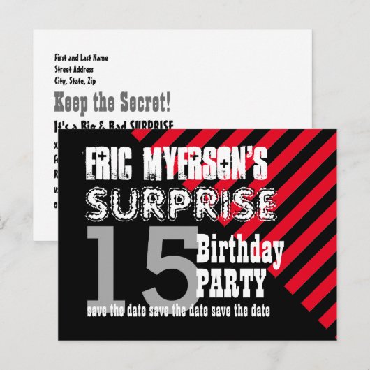 15e TEEN Surprise Verjaardag Save the Date A06 Aankondigingskaart (Voorkant / Achterkant)