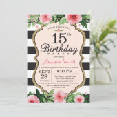 15e uitnodiging van de verjaardag. Floral Pink Gol (Staand voorkant)