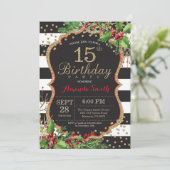 15e uitnodiging van de verjaardag. Kerstrood zwart (Staand voorkant)