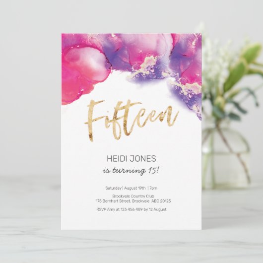 15e verjaardag Abstracte Waterverf uitnodiging roz (Staand voorkant)