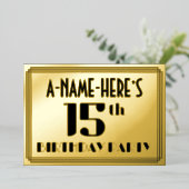 15e verjaardag: Art Deco Kijk "15" en naam Folie Uitnodiging (Staand Voorkant)