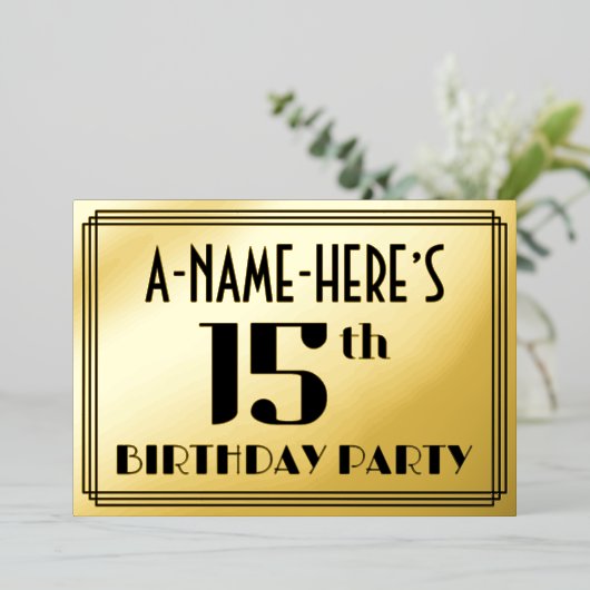 15e verjaardag: Art Deco Kijk "15" en naam Folie Uitnodiging (Staand Voorkant)