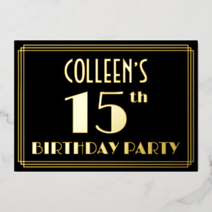 15e verjaardag: Art Deco Kijk "15", met naam Folie Uitnodiging