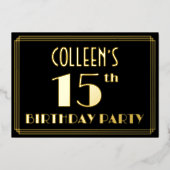 15e verjaardag: Art Deco Kijk "15", met naam Folie Uitnodiging (Voorkant)