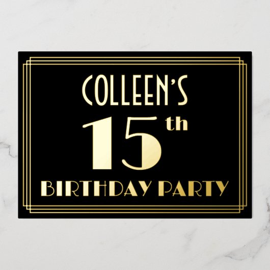 15e verjaardag: Art Deco Kijk "15", met naam Folie Uitnodiging (Voorkant)