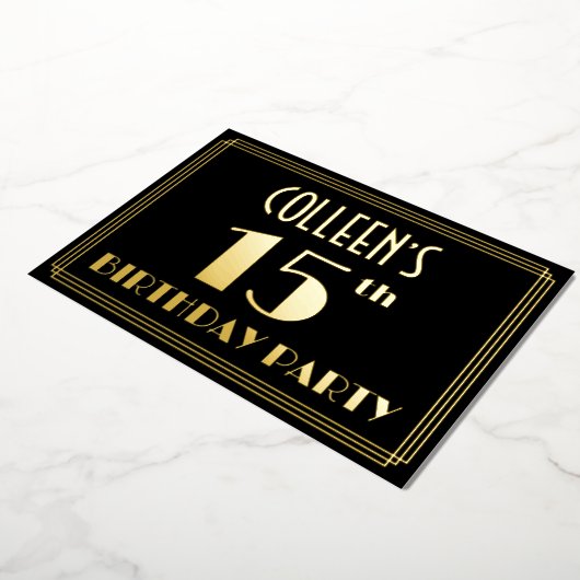 15e verjaardag: Art Deco Kijk "15", met naam Folie Uitnodiging (Gedraaid)