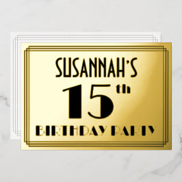 15e verjaardag — Art Deco look "15" + Naam Folie Uitnodiging