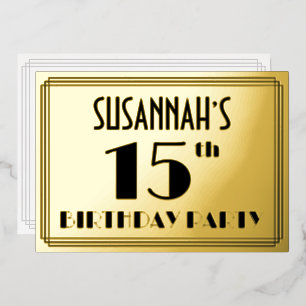 15e verjaardag — Art Deco look "15" + Naam Folie Uitnodiging
