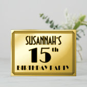 15e verjaardag — Art Deco look "15" + Naam Folie Uitnodiging (Staand Voorkant)