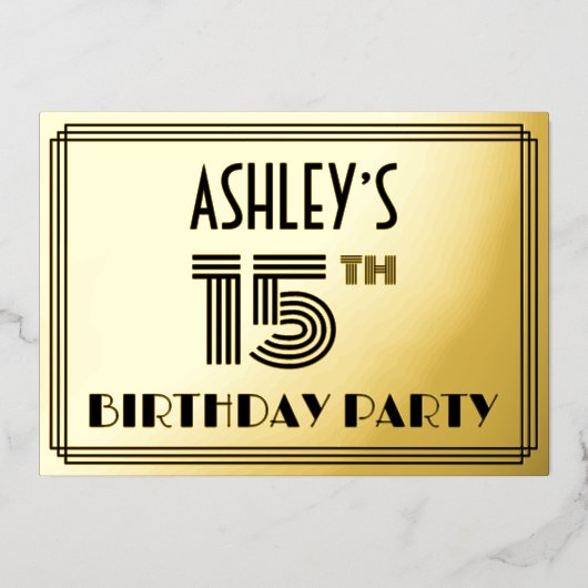 15e verjaardag — Art Deco Style "15" en naam Folie Uitnodiging (Voorkant)