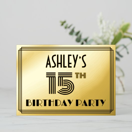 15e verjaardag — Art Deco Style "15" en naam Folie Uitnodiging (Staand Voorkant)