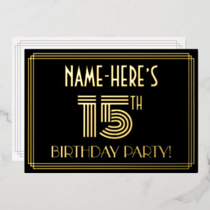 15e verjaardag — Art Deco Style "15" + Naam Folie Uitnodiging