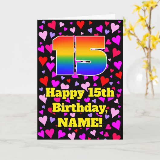 15e verjaardag: Beeldende harten patroon, regenboo Kaart (Gele Bloem)