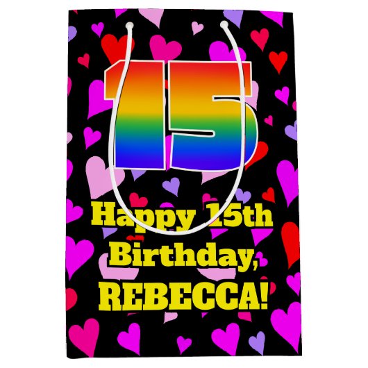 15e verjaardag: Beeldende harten patroon, regenboo Medium Cadeauzakje (Voorkant)