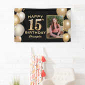 15e verjaardag Black and Gold Balloons Foto Spandoek (Insitu)