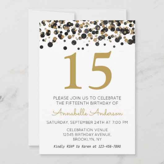 15e Verjaardag Black Gold Glitter Sparkle Confetti Kaart (Voorkant)