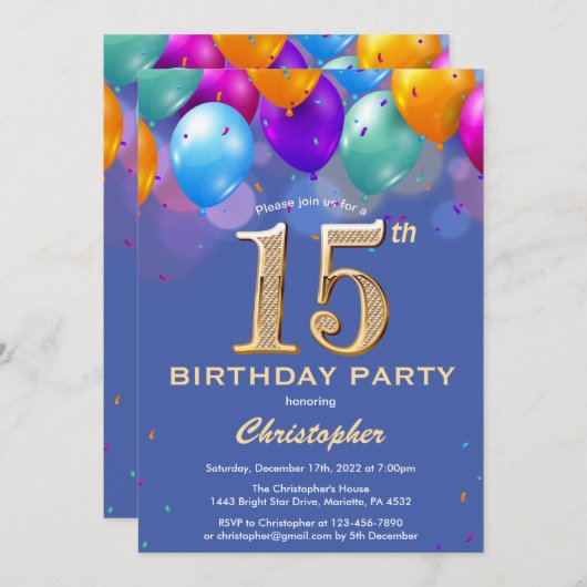 15e verjaardag Blauwe en goudkleurige ballonnen Kaart (Voorkant / Achterkant)