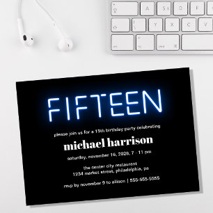 15e verjaardag Blauwe Neon Licht Kaart