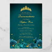 15e Verjaardag Blauwgroen Bloemenvlinder Quinceane Folie Uitnodiging (Voorkant)