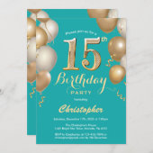 15e verjaardag Blauwgroen en gouden ballonnen Conf Kaart (Voorkant / Achterkant)