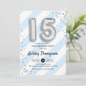 15e verjaardag - Blue Stripes Zilveren Ballonnen Kaart (Staand voorkant)