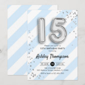 15e verjaardag - Blue Stripes Zilveren Ballonnen Kaart (Voorkant / Achterkant)