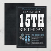 15e verjaardag Chalkboard Blue Balloon Roche Kaart (Voorkant / Achterkant)
