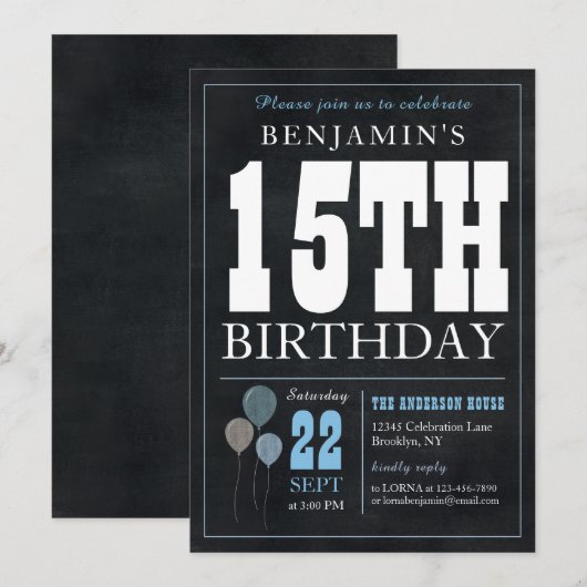 15e verjaardag Chalkboard Blue Balloon Roche Kaart (Voorkant / Achterkant)