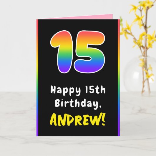 15e verjaardag: Colorful Rainbow # 15, aangepaste  Kaart (Gele Bloem)