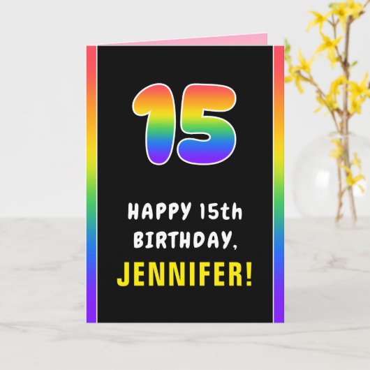 15e verjaardag: Colorful Rainbow # 15, aangepaste  Kaart (Gele Bloem)