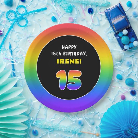 15e verjaardag: Colorful Rainbow # 15, aangepaste Papieren Bordje (Feest)
