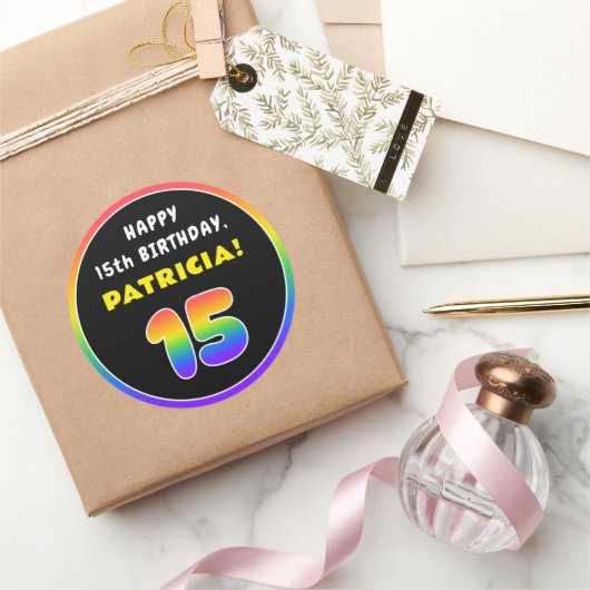 15e verjaardag: Colorful Rainbow # 15, aangepaste  Ronde Sticker (Geschenken)