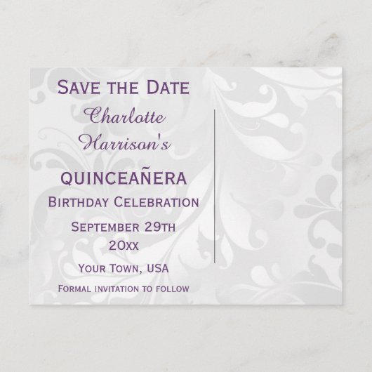 15e Verjaardag Damask en Faux Bow Save The Date Aankondigingskaart (Achterkant)