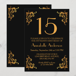 15e verjaardag Elegant Gold Black  Retro Kaart