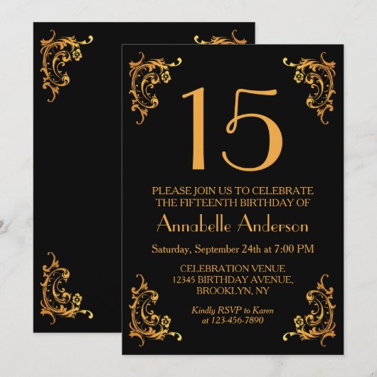 15e Verjaardag Elegant Goud Zwart  Retro Kaart (Voorkant / Achterkant)
