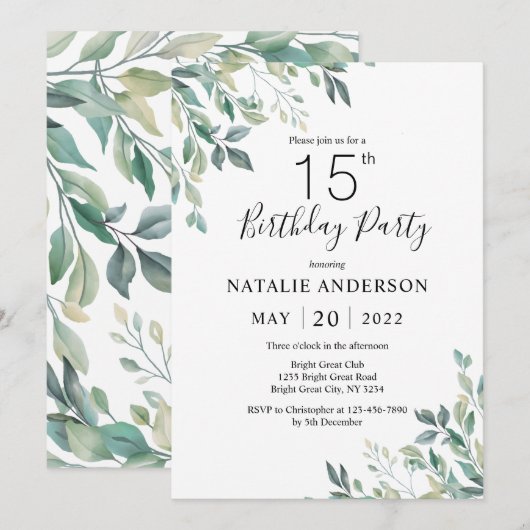 15e verjaardag Elegant Green Eucalyptus Greenery Kaart (Voorkant / Achterkant)