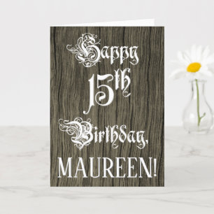 15e verjaardag: Fancy, elegante tekst; Faux Wood K Kaart