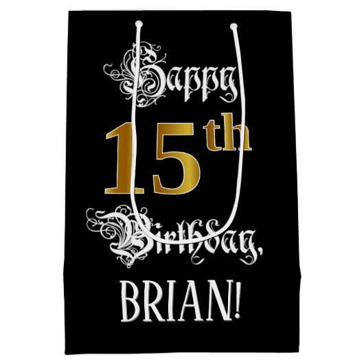 15e verjaardag ~ Fancy script; Faux Gold look; naa Medium Cadeauzakje (Achterkant)