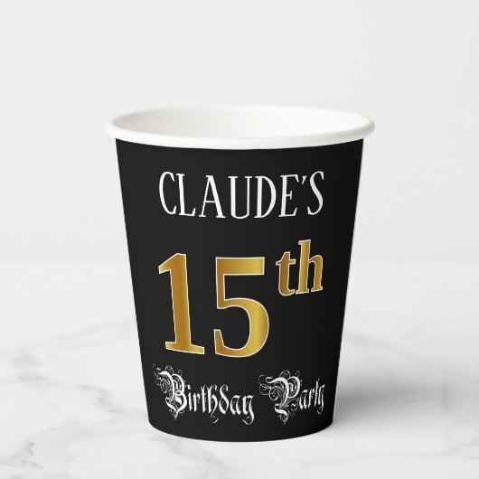 15e verjaardag — Fancy script, Faux Gold look Papieren Bekers (Achterkant)