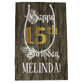 15e verjaardag: Faux Gold look & Faux Wood Pattern Medium Cadeauzakje (Voorkant)