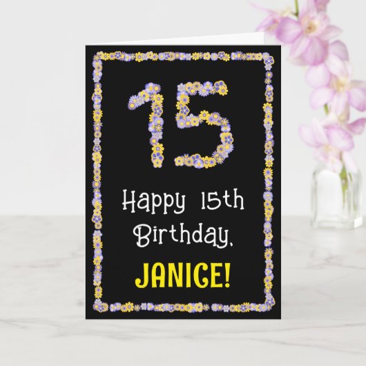 15e verjaardag: Floral Flowers Number, Custom Name Kaart (Orchidee)