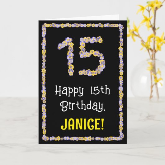 15e verjaardag: Floral Flowers Number, Custom Name Kaart (Gele Bloem)